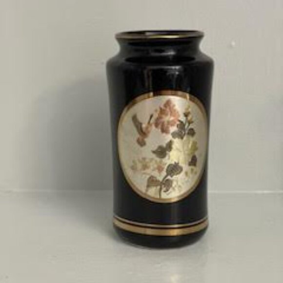 Vintage Vase ''Art of Chokin'' Black with 22' Karat Gold Trim with Floral Japan - Picture 2 of 6